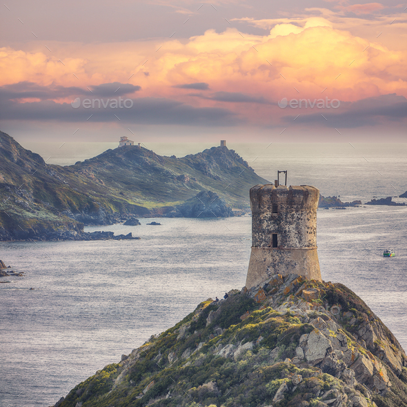 Sunset Over Popular Tourist Destination Torra Di A Parata With Genoese